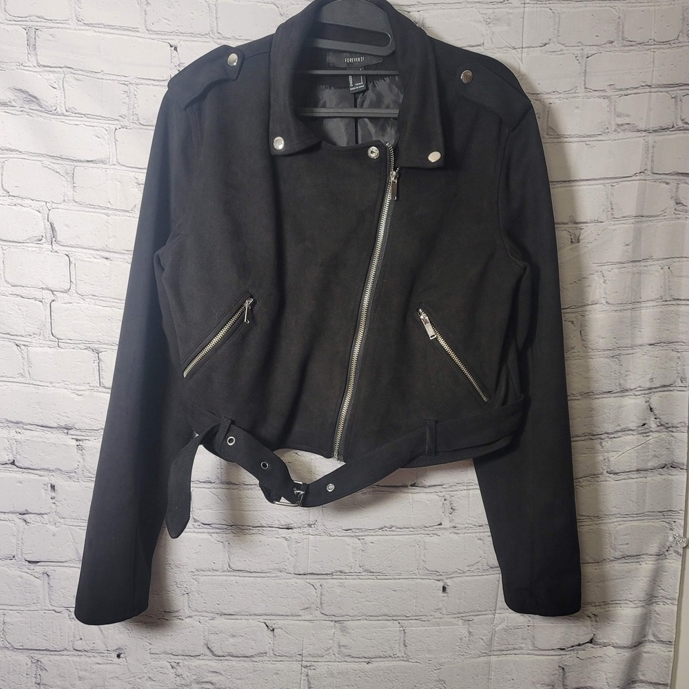 Forever 21 Jacket Juniors S Black Faux Suede Moto Biker Belted Zip Goth Grunge